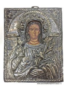 Antica icona di Santa Barbara dipinta a mano nel 1880, con riza in argento sbalzato a titolo 875