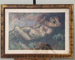 Pintura al óleo sobre lienzo que representa un desnudo femenino. Firmada.