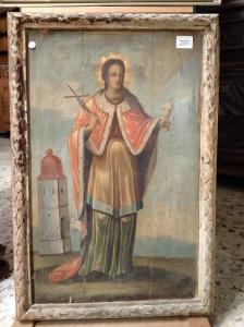 Icono de principios de 1800 que representa a Santa Bárbara con marco