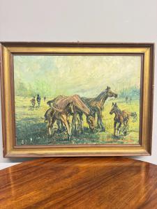 Antigua pintura al óleo sobre lienzo - Caballos pastando - 1900, 82x62cm