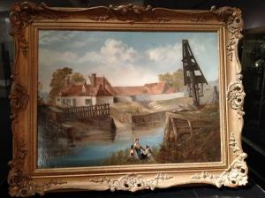 Óleo sobre lienzo inglés del siglo XIX que representa un paisaje fluvial con figuras