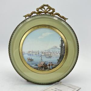 Quadretto Antico in Miniatura Medaglione Gouache epoca '900 Ottone