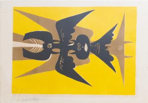 Litografia, ”Emblema Giallo”, di Wiferdo Lam, firmato, 1952, Lithograph, 