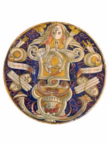 Favoloso piatto in ceramica a lustro rubino e oro firmato MASTRO GIORGIO ANDREY e datato 1531
