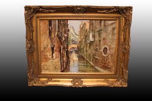 Óleo sobre lienzo italiano del siglo XX que representa una vista de Venecia. Firmado.