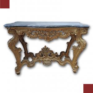 CONSOLLE LUIGI XV IN LEGNO DORATO E MARMO BARDIGLIO XVIII SECOLO