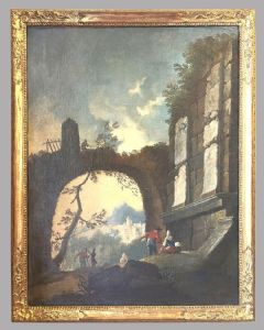 Paesaggio con rovine architettoniche e figure in abiti d’epoca, scuola veneta, XVIII secolo