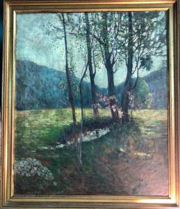Pintura al óleo sobre lienzo con paisaje rural. Italia