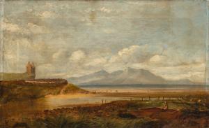 Pintor inglés (finales del siglo XIX) - Paisaje romántico con pescador en el lago.