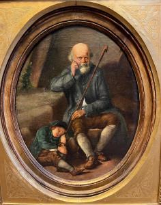 Pintor del siglo XIX. Anciano con niño. Óleo sobre tabla ovalada dentro de un marco dorado, cm 45x35.