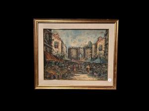 Óleo sobre lienzo Escuela Italiana Escuela Napolitana (XX) Mercado en Porta Capuana