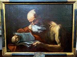 San Jerónimo con libro, óleo sobre lienzo post caravaggista del siglo XVII