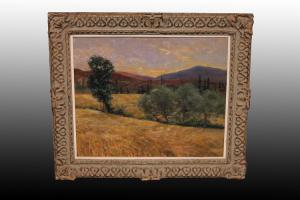 Óleo sobre lienzo, paisaje rural firmado por Agapito Casas Abarca (Barcelona, 1874-1964).