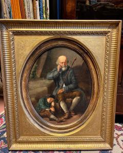 Pintor del siglo XIX. Anciano con niño. Óleo sobre tabla ovalada en marco dorado, 45x35 cm.