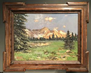 Pintura al óleo sobre tabla de Umberto Montini que representa un paisaje de montaña. (Milán 1897-Busto Arsizio 1978).
