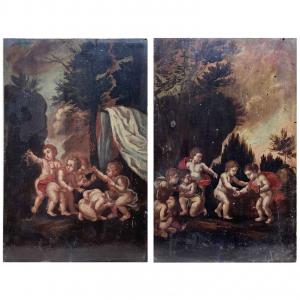 Pareja de Paisajes con Putti
