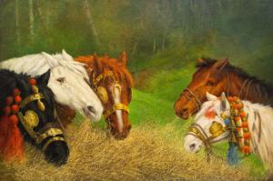 Reposo en los campos – Escena ecuestre con caballos de tiro, óleo sobre lienzo, principios del siglo XX, Resting in the fields - Equestrian scene with draft horses, oil on canvas, Early 20th century