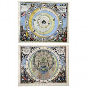 Cellarius Andreas, pareja de mapas celestes del siglo XVIII. Cellarius Andreas, pareja de mapas celestes acuarelados del siglo XVIII titulados Planisphaerivm Aratevm sive Compages Orbivm Mvndanorvm ex Hypothesi Aratea in Plano Expressda Harmonia Macrocosm