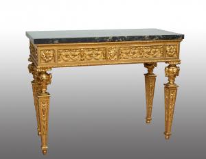 Consolle antica Luigi XVI Napoletana in legno dorato e intagliato con piano in marmo nero portoro. Periodo fine 18secolo.