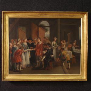 Pintura francesa del siglo XIX, escena de género con matrimonio