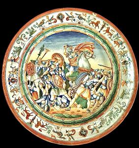 Coppia di grandi piatti in maiolica con scena istoriata.Pesaro.