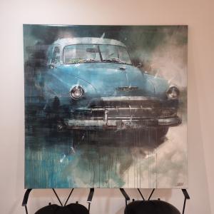 Técnica mixta sobre lienzo con coche clásico americano