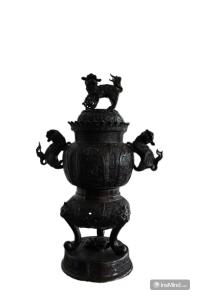 Gran Vaso Chino de Metal del 1800 con Perros de Foo