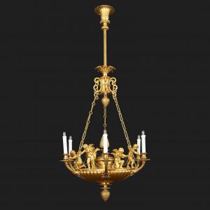 Lámpara de Araña Estilo Imperio en Bronce Dorado con Putti, circa 1950