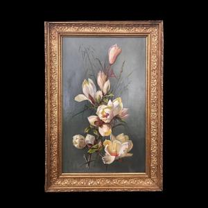Pintura al óleo sobre lienzo que representa una naturaleza muerta con flores. Firmada August Menus Ducret 1906.