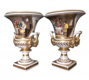 Pareja de jarrones crátera de porcelana Vieille Paris