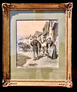 Pintura témpera sobre papel con escena de pueblo. Ludovico Marchetti (Roma 1853-París 1909).