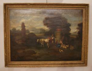 Antico quadro italiano del 1700 Olio su tela italiano del 1700 paesaggio con personaggi