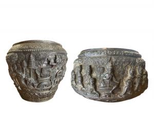 Antiguos cuencos Thabeik de plata repujada - Birmania, siglo XIX