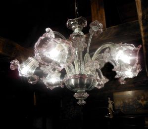 ARAÑA DE MURANO DE SEIS LUCES EN CRISTAL Y ROSA PÁLIDO. (Años 40/50)