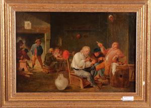 Óleo sobre lienzo que representa una taberna con hombres ingleses del siglo XIX