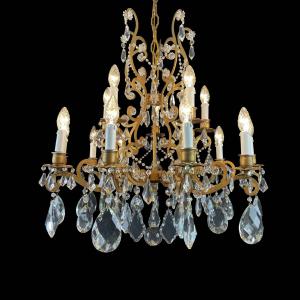 Lámpara de araña de hierro dorado y cristal con 15 luces, 1950