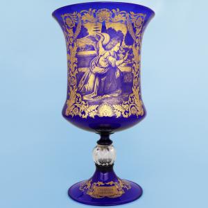 Copa de cristal de Murano con decoraciones en oro firmadas Scalabrin, Archimede Seguso, Venecia, siglo XX