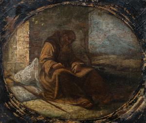 Pittore italiano (XVII-XVIII sec.) - Frate francescano pellegrino assiso a scrivere (bozzetto preparatorio).