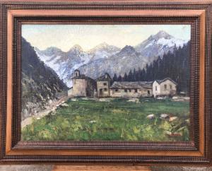 Dipinto olio su tela raffigurante paesaggio montano.Autore:Umberto Montini ( Milano 1897-Busto Arsizio 1978).