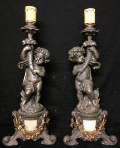 Spettacolare coppia di Candelieri Liberty in Antimonio con inserti in Carrara - H 60 cm - Venezia