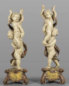 Juegos de querubines, pareja de grandes grupos escultóricos en madera, Roma siglo XVII