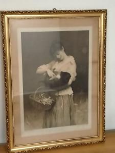 Stampa inglese del 1800 raffigurante giovane fanciulla con cesto e cagnolino