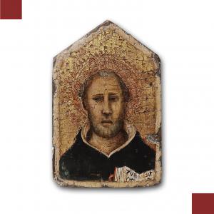 TABLERO DE MADERA CON FONDO DE ORO CON SANTO TOMÁS DE AQUINO FINALES DEL SIGLO XIV-PRINCIPIOS DEL SIGLO XV