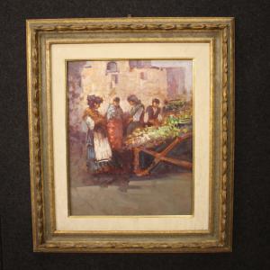 Pintura italiana escena popular con personajes del siglo XX