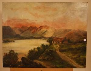 Antigua pintura inglesa del siglo XIX al óleo sobre lienzo que representa un paisaje rural con lago y montañas.