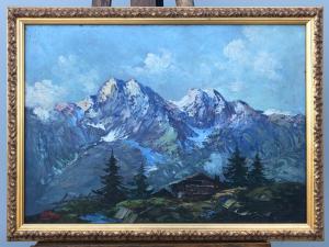 Dipinto olio su tavola raffigurante paesaggio montano.Firmato