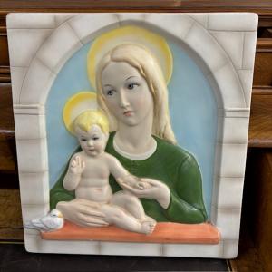 Antigua placa Virgen con Niño Lenci - Turín 1935 Abele Jacopi, cerámica policromada, medidas 34 x 31