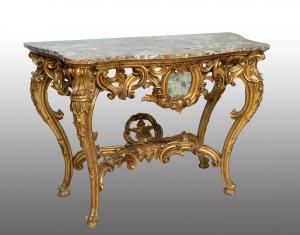 Consolle antica Napoleone III in legno dorato e intagliato con piano in marmo. Francia XIX secolo.