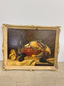 Antico olio su tavola raffigurante natura morta e cacciagione 1940, 42x51cm 