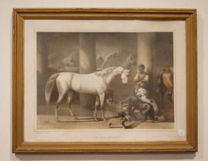 Antica stampa a colori del 1800 francese raffigurante stalla con animali